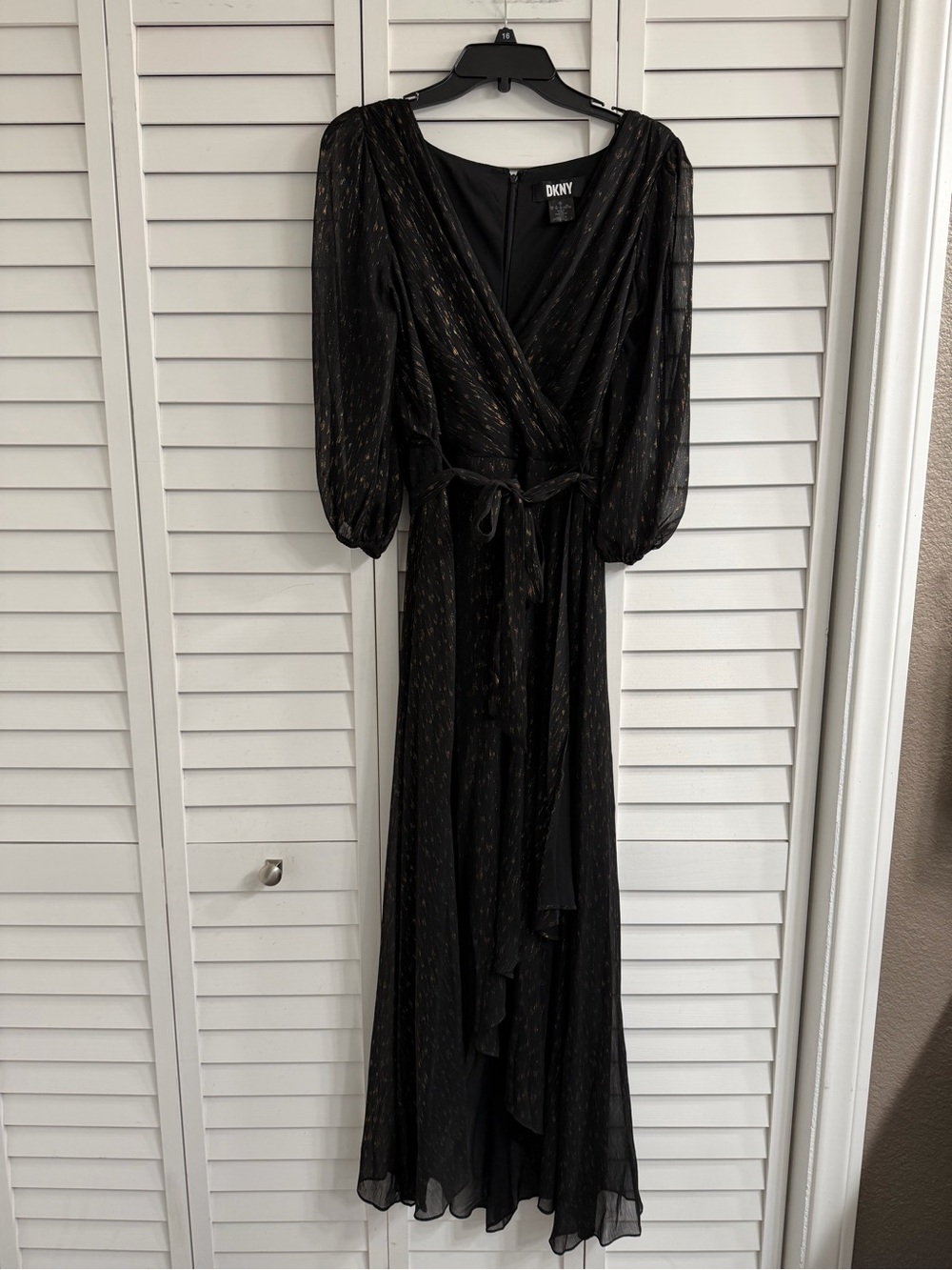 DKNY Black Long Sleeve Wrap Maxi Dress with Subtle Gold Threading